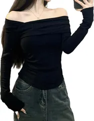 WesRiva レディース 肩出し ドレープ 長袖 カットソー トップス 無地 ロンT カジュアル オフ ショルダー(ブラック,  S)