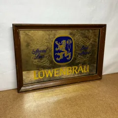 新品未使用 LOWENBRAU レーベンブロイ パブミラー 木製フレーム 壁掛け Löwenbräu レーベンブロイ 大型パブミラー木製フレームビンテージ