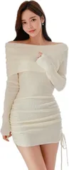 FUPUTWO ニット ワンピース レディース セクシー リブ セーター 長袖 オフショルダー(ベージュ,  Free Size)