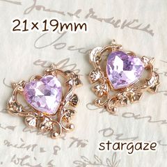 【 3個 】 21×19mm ハート唐草文様 センターパーツ ストーン ビジュー ライトパープル×ゴールドフレーム
