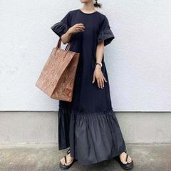 ロングワンピース レディース 異素材切り替え マキシ丈 カジュアルワンピース ゆったり 体型カバー