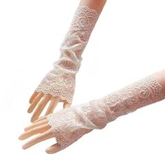 [Tidyworm] レース 手袋 指なし レディース 手袋 UVカット 夏用 おしゃれ 花柄 薄手 ショート グローブ レースつけ袖 日焼け止め 紫外線対策 自転車 運転 結婚式 ウエディング 花嫁 成人式 (C ホワイト) 0