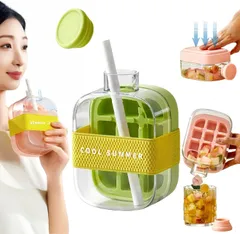 💐💐【2025最新 2in1】3色　製氷皿と水筒がひとつに 蓋とストロー付き 製氷器 水漏れなし 氷の作りも取り出しも簡単 持ち運びが簡単 ウィスキーのサムネイル