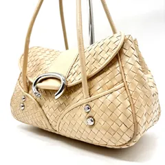 ✨良品✨ FRANCESCO BIASIA フランチェスコビアジア トートバッグ ハンドバッグ  フラップ イントレチャート シルバー金具 ロゴ型押し ロゴプレート 肩掛け レザー レディース ベージュ 肌色