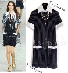 シャネル ワンピース CHANEL 60万 ブラック ホワイト ストライプ コットン 襟付き カール・ラガーフェルド作品 超美品 34