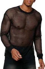 メンズ Tシャツ ネット シャツ メッシュ トップス シースルー 長袖 シアー クルーネック 透け感 快適 タイト 重ね着 カジュアル ダンス パーディー 春秋 夏 ocAJ776