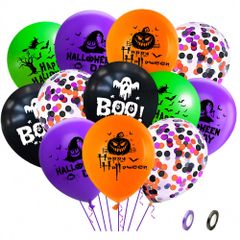 【★人気商品★】バルーンセット ハロウィン 風船 60個 12インチ グリーン パープル オレンジ ブラック 風船 バルーンにカボチャ、幽霊、コウモリ、魔女の形がプリントされ パーティー ハロウィン 飾り付け (バルーンチェーンセット)