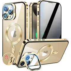 KELLCASE【カメラレンズ保護・スタンド+覗き見防止+MagSafe対応 】iPhone 15 Pro Max 用 ケース 全面保護 隠しスタンド付き ロック付き 両面 マグネット式 アイフォン15プロマックス カバー ストラップホール付き透明背面 メ 0