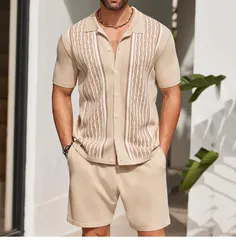 人気新品メンズ 半袖シャツ スウェット ジャージ サマーニット セットアップ 上下セット ハーフパンツ 夏 ショットパンツ 短パン 運動着 ベージュ