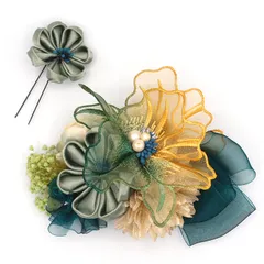 髪飾り ２点セット 京都 西陣 和小物 京あそび MIYAKO ASOBI 緑 成人式 花 浴衣 着物 振袖 袴 七五三 子供 キッズ 結婚式お呼ばれ 卒業式 入学式 髪留め コーム 日本製 和風 送料無料 W 95 CM-T7-0750 w786　Si