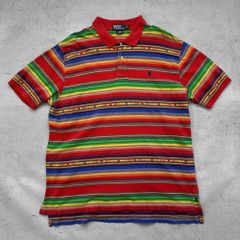 90s 90年代 オールド ポロラルフローレン Old Polo Ralph Lauren ロゴ 刺繍 ポロシャツ ネイティブ柄 ボーダー 古着 【UR-0470】
