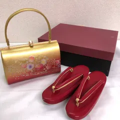 【美品】 草履 バッグ セット ／ Zori Sandals & Handbag Set 華やか花柄 ゴールド×赤 振袖 訪問着 留袖 成人式 結婚式 和装小物