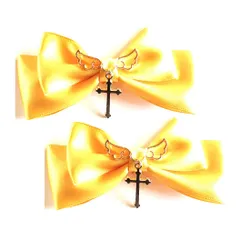 （ペンギンランド/小野寺屋）【ヘアクリップ】十字架リボン（小）【 ゴスロリ ロリータ ゆめかわいい 地雷系 量産型 ヘアクリップ ヘアピン ヘアアクセサリー コスプレ】 (カナリアイエロー×天使の羽×G)