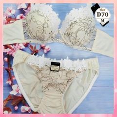 ★D70/M☆美胸ブラ＆ショーツセット 脇高 美シルエット 谷間メイク 脇サイドスッキリ ケミカルレースフラワー クリーム