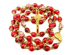 Nazareth Store 聖ベネディクト赤ロザリオビーズ カトリックネックレス 花 ミステリービーズ 奇跡のメダル ロケット 十字架 祈り ロザリオカトリコス, 2XL, 亜鉛, 宝石なし 