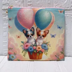フラットポーチ　ファスナーポーチ　ハンドメイド　両面パネル生地　バルーンチワワ１