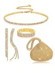 バッグ レディース ドレスバッグ 4点セット レディースファッション 多用途 スパークリー エレガント クリスタルデコ ハンドバッグ クラッチバッグ ロングタッセルピアス ブレスレット ネックレス パーティーバッグ