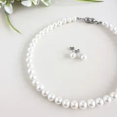 【2点Set】サージカルステンレス316(SUS)金具の8mm貝パールネックレスとピアス
