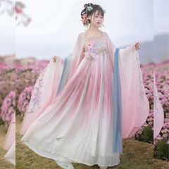 新品未使用 春序流光 漢服 唐制一片式 プリーツスカート 漸変グラデーション 大袖トップス 花柄刺繍入り 春夏用 中華風 撮影会 仮装 衣装 舞台 イベント デイリーコーデにおすすめ プレゼントにも最適