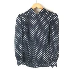 レリアン Leilian ブラウス カットソー 長袖 薄手 水玉柄 ハイネック 袖ボタン 肩パッド 濃紺 ネイビー系 7サイズ 932632
