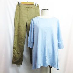 ドゥクラッセ DoCLASSE トップス&ボトムス 2点セット 七分袖 カットソー ストレッチ テーパードパンツ ウエストゴム 9 (Mサイズ) 水色×茶 レディース E090L