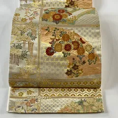 袋帯 美品 秀品 蒔絵天井文 秋草 箔 金糸 銀色 六通 正絹 【中古】