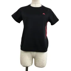 アディダス adidas Tシャツ プルオーバー クルーネック スポーツウェア 刺繍 ロゴ ライン 半袖 M 黒 ピンク ブラック