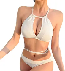 AQUA Marine クロスストラップビキニ レディース ホルターネック リブ素材 バストアップ効果 美谷間 水着セット 大人可愛い 海 プール 旅行 セクシー リゾート(ホワイト,  M)