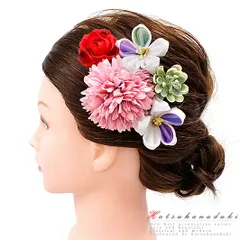 髪飾り 成人式 つまみ細工 赤 振袖 袴 花 5点セット まり菊 バラ 桃色 ピンク ライトグリーン ちりめん かんざし 洋装 日本製 No.9-5082