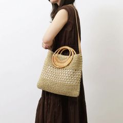 【COOCO】ラタン丸ハンドル×ペーパー2WAY ショルダー　カゴバッグ かごバッグ　ナチュラル