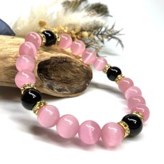 キャッツアイ(ピンク)×オニキス パワーストーン ブレスレット  (ゴールド) メンズ・レディース　男性・女性　数珠ブレス 開運 [23]