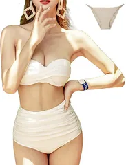 GIVEK 水着 レディース ビキニ セパレート ストラップ取り外し可能 2 way仕様 チューブトップ ハイウエスト インナーパンツ付き セット( ホワイト,  L)
