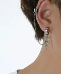 【ピアス＋イヤーカフセット】三角チャーム　シルバー　チェーン　フープ　メンズ