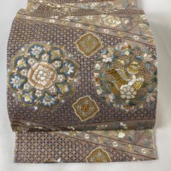 H-648 袋帯 正絹 お太鼓柄 金糸 箔 華模様 花丸模様 扇柄 金 袋帯 名品 琳派三十六華扇 金糸 箔 金色 お太鼓柄 正絹 【中古