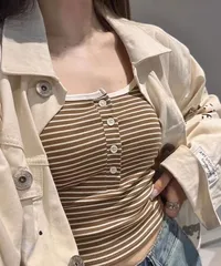 カップ付きキャミソール ブラトップ 重ね着 レディース ブラキャミ ショート丈 ノンワイヤー Uネック キャミソール ボーダー柄 インナー パッド付き