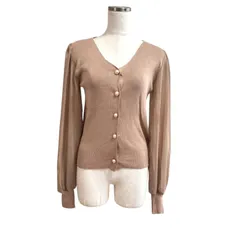 タグ付き新品　LOPASS オケージョン　シアー袖　ニットカーディガン Vネック 長袖 シフォン袖 パールボタン ベージュ M 無地 上品 きれいめ 大人可愛い おしゃれ エレガント 羽織り 春夏秋 オフィス 通勤 シンプル お出かけ
