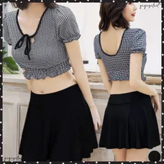 ギンガムチェック水着セット露出控えめ水着 スイムウェア ハイウエスト パンツ付きミニスカート 2点セット水着大人可愛い フリル水着 盛れる セパレート 水遊び水着 リゾート サマー海 背中見せ水着韓国風 ギャザー水着セット