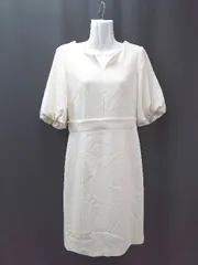 ◇ A collection シンプル 無地 フォーマル パフスリーブ 半袖 ひざ丈 ワンピース サイズ9AR ホワイト レディース E  【1309250021032】