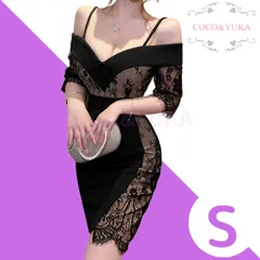 [ COCO&YUKA公式 ] ココアンドユカ レース Vネック 肩出し オフショルダー ミニ ワンピース キャバ 嬢 クラブ ドレス 五分袖 セクシー 背中 あき 花 柄 パット 付き レディース ブラック S B0CJQZGB1H