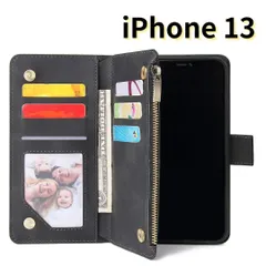 ［ショップス］ iPhone13 レザー風 スマホケース 手帳型 財布 スマホスタンド 耐衝撃 マグネット式 カードケース 黒 E020　E