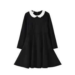 【新品】 [RosuZrenic] フォーマル ワンピース キッズ 子供服フォーマル 女の子 長袖 白襟 こども服 子ども服 無地 両側ポケット付き プチプラ 秋 冬 春通園 通学 プレゼント (JP, 身長, 150, 長袖レース襟, ブラック) 1