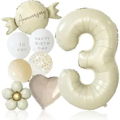 【新品】 deerzon くすみホワイト 3歳 くすみカラー 数字 バルーン 誕生日 飾り付け 10点 セット 大きい 65cm くすみ ニュアンスカラー ナンバーバルーン バースデー 0