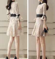 総レース バイカラー 上品 五分袖 フレア ワンピース 全4色 S/Ｍ