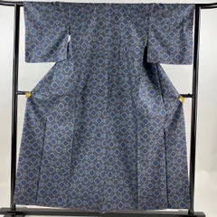 紬 身丈156cm 裄丈62cm S 袷 アンサンブル バチ衿 花菱 幾何学模様 青灰色 正絹 美品 優品 【中古】