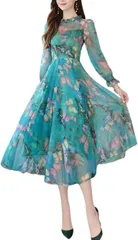 Ava Knights 母の日 花柄 シフォン レース 長袖 ワンピース XLサイズ( グリーン,  XL)