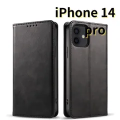 ［ショップス] iPhone14pro レザー風 スマホケース 手帳型 耐衝撃 マグネット式 カードケース 黒　E