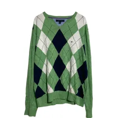 TOMMY HILFIGER コットンニット セーター L ライトグリーン ネイビー アーガイル柄 トミーヒルフィガー 古着卸 アメリカ仕入 a701-5149のサムネイル