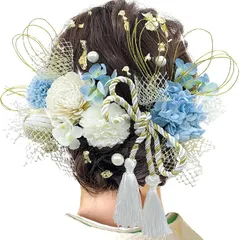 [JZOON] 髪飾り 成人式 髪飾り 9色 ドライフラワー 造花飾り 水引 紐 ヘアーアクセサリー 和玉 かすみ草 金箔 人気 和服 着物 振袖 袴 花 浴衣 成人式 七五三 結納 卒業式 入学式 結婚式 発表会 青 T1305