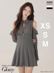 グレー  [GL4126]  【ROBE de FLEURS Glossy / ローブドフルールグロッシー】ツイル/ 襟付き/ ジッパー/ 肩あき/ オープンショルダー/ 長袖/ フレア/ ミニドレス/ キャバドレス/ ワンピース