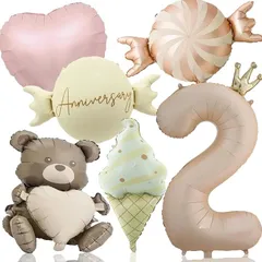 3rd Design くすみ バルーン 数字 2歳 風船 セット 飾り付け バースデー パーティー 記念日 くま ハート ソフトクリーム ベージュ グレージュ 6個(ベージュ、グレージュ、ピンク,  大型)